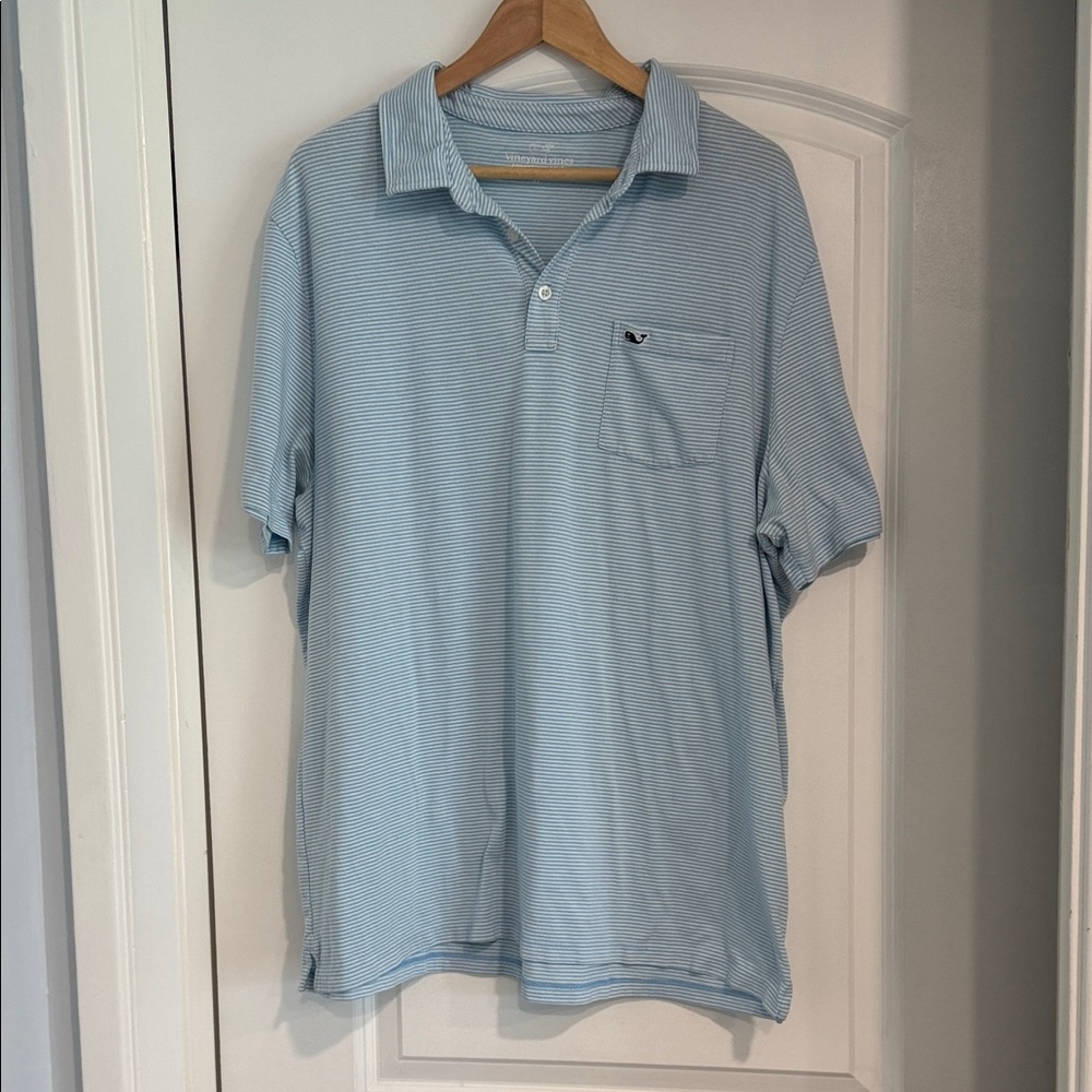 Vineyard Vines Men’s XL Light Blue MicroStriped Polo Shirt Preppy Summer EUC Top